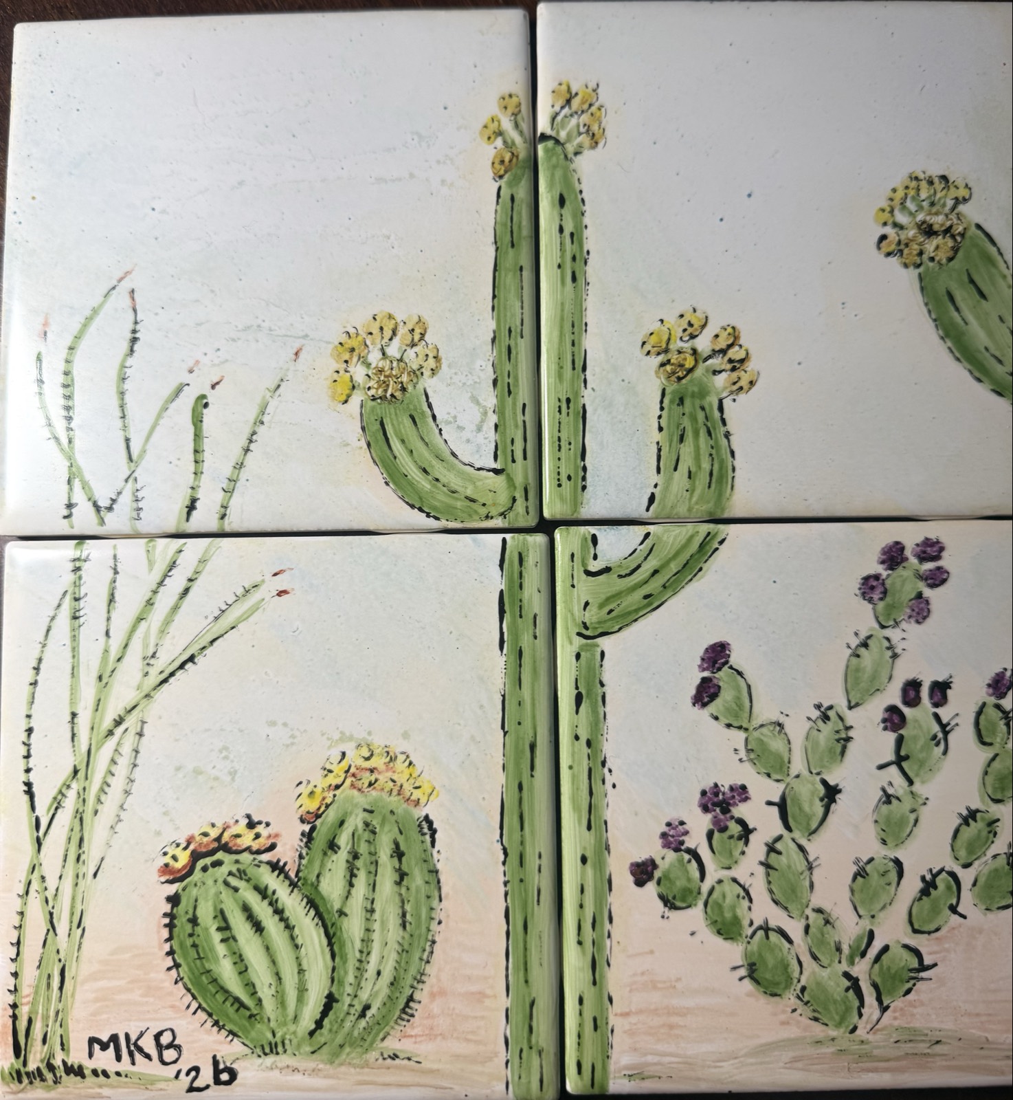 Hand-Painted Kiln Fired Desert Cactus Tile set